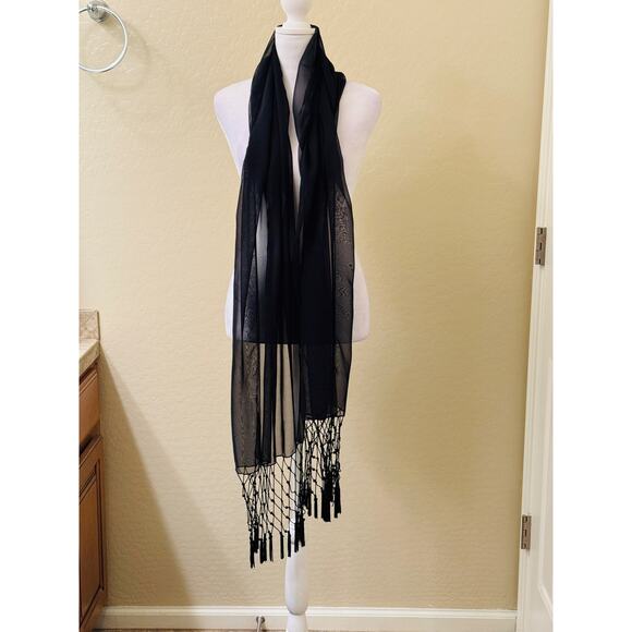 Vintage Black Sheer Scarf Shawl with Beaded Fringe Edges - Picture 2 of 4